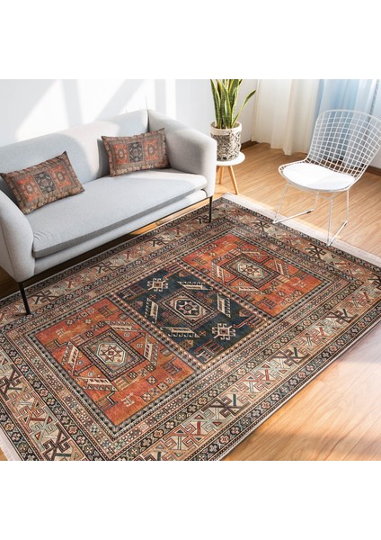 Kiremit Zeminde Çerçeve Motifli Kilim Desenli Avangarde Etnik Motifler Dijital Baskılı Makinede Yıkanabilir Kaymaz Taban Saçaklı Halı