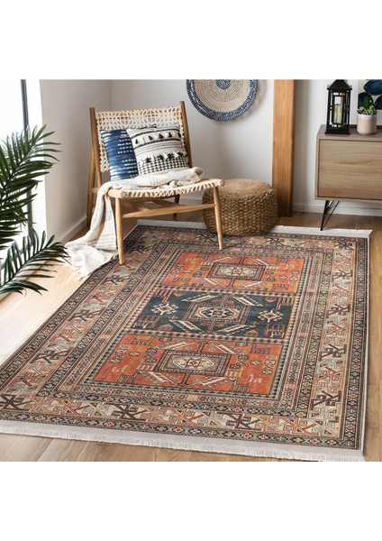 Kiremit Zeminde Çerçeve Motifli Kilim Desenli Avangarde Etnik Motifler Dijital Baskılı Makinede Yıkanabilir Kaymaz Taban Saçaklı Halı