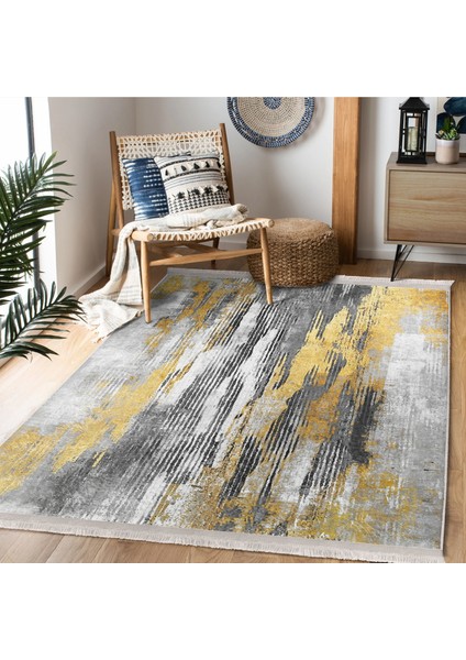 Altın - Füme Zeminde Kanvas Motifli Modern Sanat Desenli Eskitme Motifli Klasik Dijital Baskılı Makinede Yıkanabilir Kaymaz Taban Saçaklı Halı