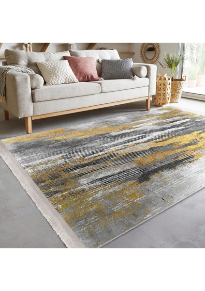Altın - Füme Zeminde Kanvas Motifli Modern Sanat Desenli Eskitme Motifli Klasik Dijital Baskılı Makinede Yıkanabilir Kaymaz Taban Saçaklı Halı modelleri