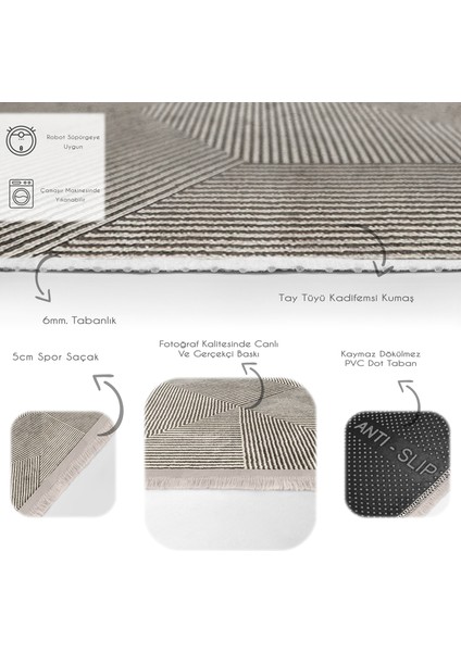 Krem Zeminde Dokuma Motifli Geometrik Desenli Geometrik Dijital Baskılı Makinede Yıkanabilir Kaymaz Taban Saçaklı Halı