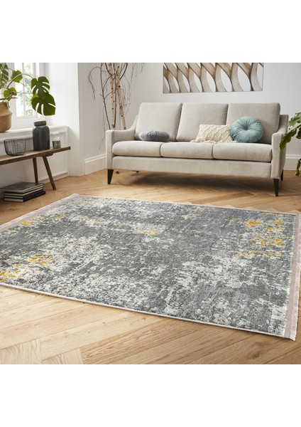 Gri - Sarı Zeminde Kilim Motifli Antik Halı Desenli Eskitme Motifli Vintage Dijital Baskılı Makinede Yıkanabilir Kaymaz Taban Saçaklı Halı modelleri