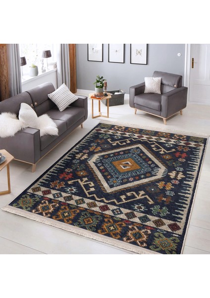Lacivert Zeminde Iran Motifli Kilim Desenli Avangarde Vintage Dijital Baskılı Makinede Yıkanabilir Kaymaz Taban Saçaklı Halı