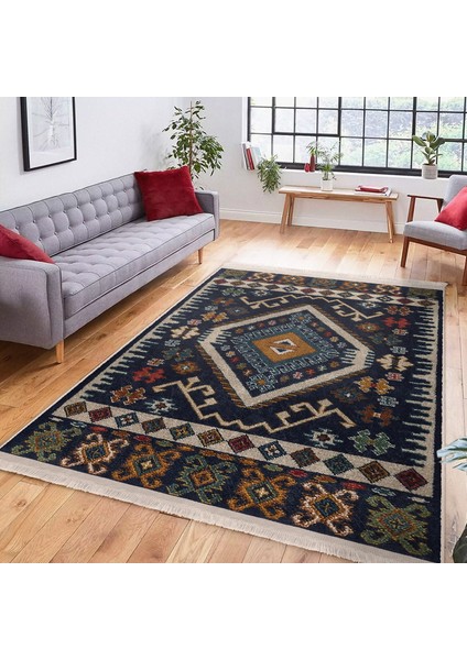 Lacivert Zeminde Iran Motifli Kilim Desenli Avangarde Vintage Dijital Baskılı Makinede Yıkanabilir Kaymaz Taban Saçaklı Halı
