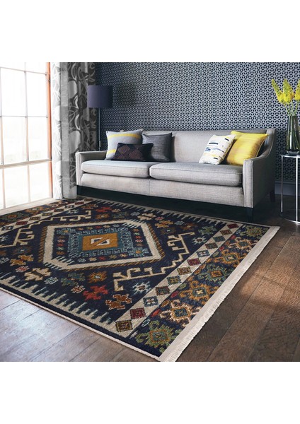 Lacivert Zeminde Iran Motifli Kilim Desenli Avangarde Vintage Dijital Baskılı Makinede Yıkanabilir Kaymaz Taban Saçaklı Halı