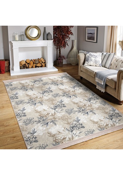Ekru - Gri Zeminde Floral Motifli Çiçek Desenli Floral Klasik Dijital Baskılı Makinede Yıkanabilir Kaymaz Taban Saçaklı Halı