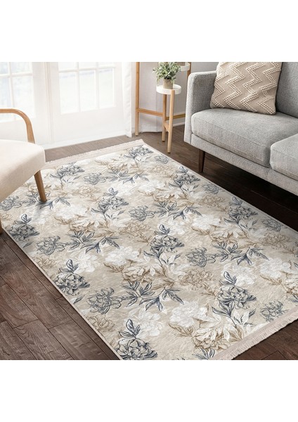Ekru - Gri Zeminde Floral Motifli Çiçek Desenli Floral Klasik Dijital Baskılı Makinede Yıkanabilir Kaymaz Taban Saçaklı Halı fiyatları