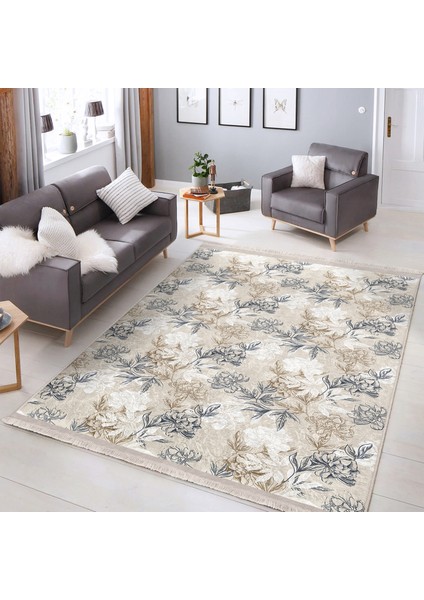 Ekru - Gri Zeminde Floral Motifli Çiçek Desenli Floral Klasik Dijital Baskılı Makinede Yıkanabilir Kaymaz Taban Saçaklı Halı modelleri