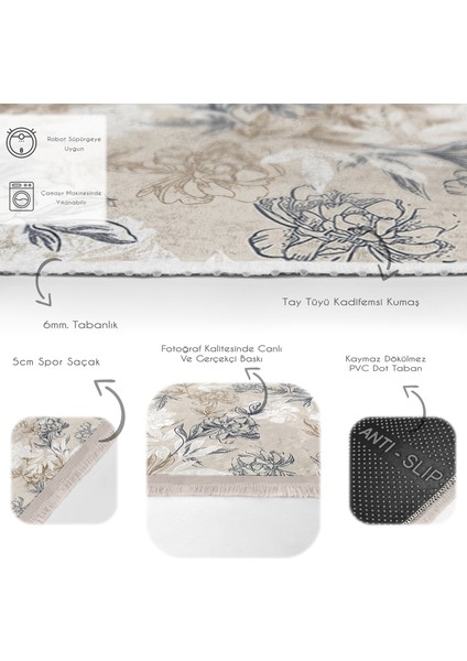 Ekru - Gri Zeminde Floral Motifli Çiçek Desenli Floral Klasik Dijital Baskılı Makinede Yıkanabilir Kaymaz Taban Saçaklı Halı fırsatları