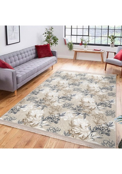 Ekru - Gri Zeminde Floral Motifli Çiçek Desenli Floral Klasik Dijital Baskılı Makinede Yıkanabilir Kaymaz Taban Saçaklı Halı indirimleri