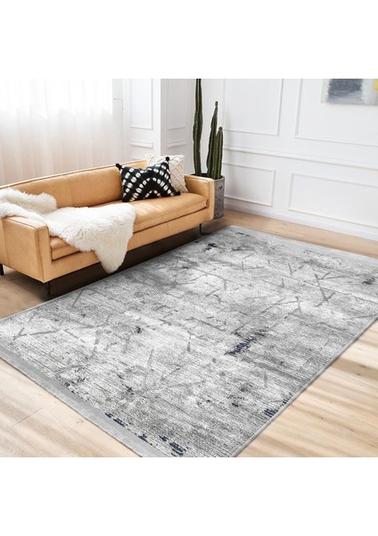 Gri Zeminde Eskitme Motifli Geometrik Desenli Eskitme Motifli Geometrik Dijital Baskılı Makinede Yıkanabilir Kaymaz Taban Saçaklı Halı