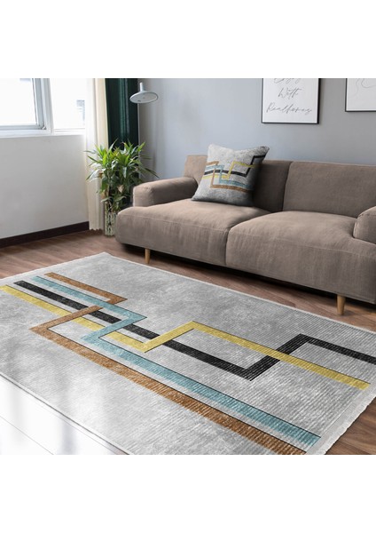 Gri Zeminde Geometrik Motifli Klasik Desenli Geometrik Dijital Baskılı Makinede Yıkanabilir Kaymaz Taban Saçaklı Halı modelleri