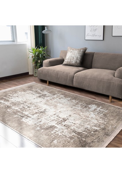 Krem - Bej Zeminde Dokuma Halı Motifli Kilim Desenli Eskitme Motifli Sade & Şık Salon & Oturma Odası Mutfak Dijital Baskılı Makinede Yıkanabilir Kaymaz Taban Saçaklı Halı