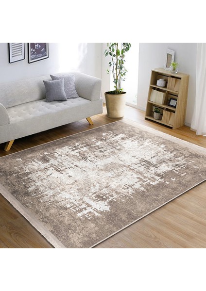 Krem - Bej Zeminde Dokuma Halı Motifli Kilim Desenli Eskitme Motifli Sade & Şık Salon & Oturma Odası Mutfak Dijital Baskılı Makinede Yıkanabilir Kaymaz Taban Saçaklı Halı