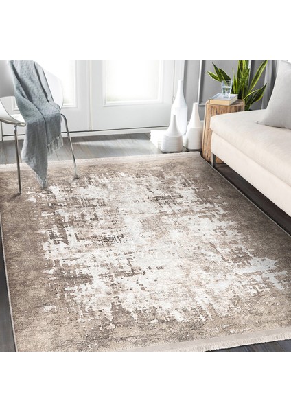 Krem - Bej Zeminde Dokuma Halı Motifli Kilim Desenli Eskitme Motifli Sade & Şık Salon & Oturma Odası Mutfak Dijital Baskılı Makinede Yıkanabilir Kaymaz Taban Saçaklı Halı