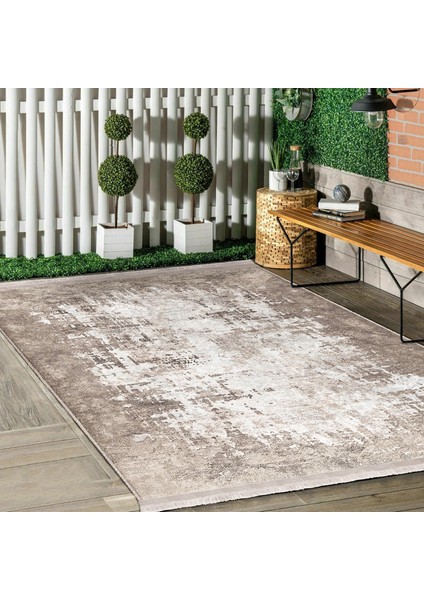 Krem - Bej Zeminde Dokuma Halı Motifli Kilim Desenli Eskitme Motifli Sade & Şık Salon & Oturma Odası Mutfak Dijital Baskılı Makinede Yıkanabilir Kaymaz Taban Saçaklı Halı