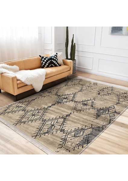 Kahverengi Zeminde Kilim Motifli Dokuma Desenli Etnik Motifler Vintage Dijital Baskılı Makinede Yıkanabilir Kaymaz Taban Saçaklı Halı