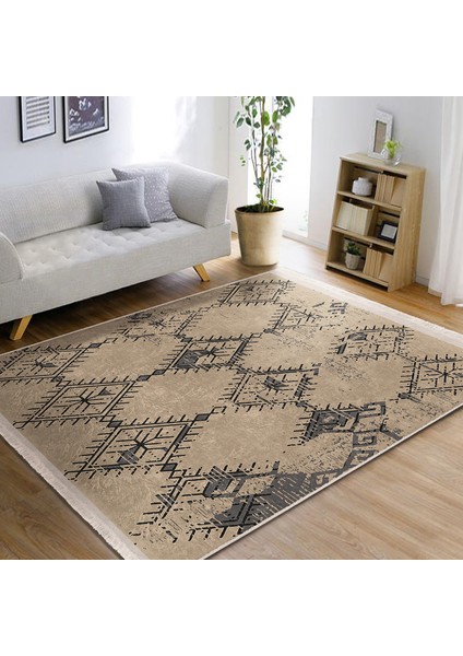 Kahverengi Zeminde Kilim Motifli Dokuma Desenli Etnik Motifler Vintage Dijital Baskılı Makinede Yıkanabilir Kaymaz Taban Saçaklı Halı modelleri