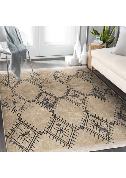 Kahverengi Zeminde Kilim Motifli Dokuma Desenli Etnik Motifler Vintage Dijital Baskılı Makinede Yıkanabilir Kaymaz Taban Saçaklı Halı indirimleri