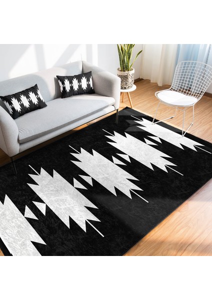 Siyah Zeminde Tribal Motifli Kilim Desenli Etnik Motifler Geometrik Dijital Baskılı Makinede Yıkanabilir Kaymaz Taban Saçaklı Halı indirimleri