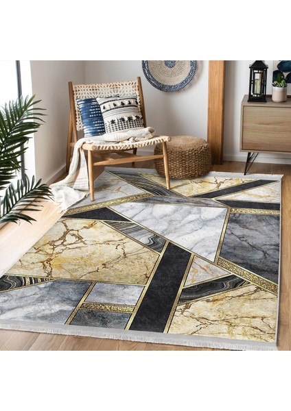 Gold - Siyah Zeminde Modern Motifli Mermer Desenli Geometrik Modern Dijital Baskılı Makinede Yıkanabilir Kaymaz Taban Saçaklı Halı