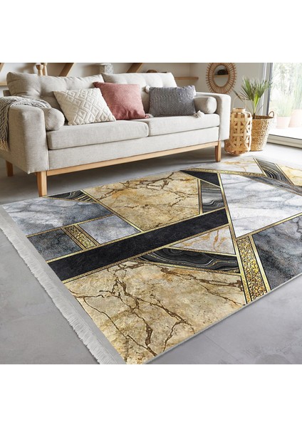 Gold - Siyah Zeminde Modern Motifli Mermer Desenli Geometrik Modern Dijital Baskılı Makinede Yıkanabilir Kaymaz Taban Saçaklı Halı modelleri