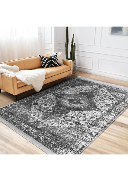 Gri Zeminde Etnik Motifli Antik Desenli Vintage Eskitme Motifli Dijital Baskılı Makinede Yıkanabilir Kaymaz Taban Saçaklı Halı fiyatları