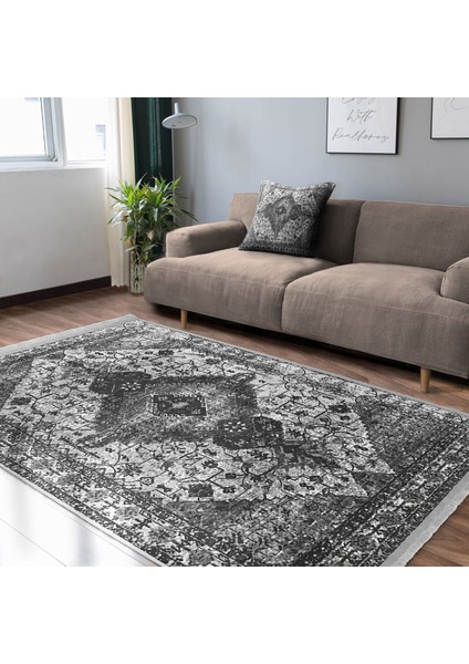 Gri Zeminde Etnik Motifli Antik Desenli Vintage Eskitme Motifli Dijital Baskılı Makinede Yıkanabilir Kaymaz Taban Saçaklı Halı modelleri