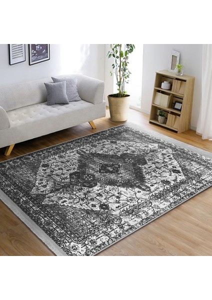 Gri Zeminde Etnik Motifli Antik Desenli Vintage Eskitme Motifli Dijital Baskılı Makinede Yıkanabilir Kaymaz Taban Saçaklı Halı indirimleri