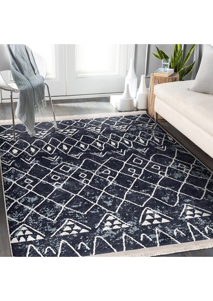 Lacivert Zeminde Etnik Motifli Otantik Desenli Etnik Motifler Geometrik Dijital Baskılı Makinede Yıkanabilir Kaymaz Taban Saçaklı Halı indirimleri