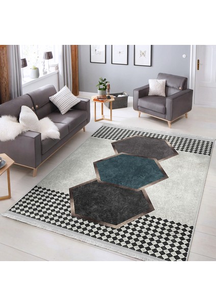 Gri Zeminde Geometrik Motifli Kazayağı Desenli Geometrik Klasik Baskılı Makinede Yıkanabilir Kaymaz Taban Saçaklı Halı