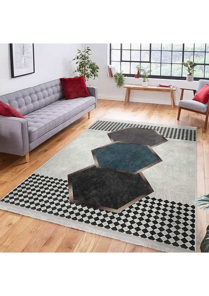 Gri Zeminde Geometrik Motifli Kazayağı Desenli Geometrik Klasik Baskılı Makinede Yıkanabilir Kaymaz Taban Saçaklı Halı fiyatları