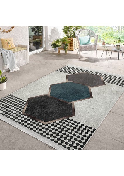 Gri Zeminde Geometrik Motifli Kazayağı Desenli Geometrik Klasik Baskılı Makinede Yıkanabilir Kaymaz Taban Saçaklı Halı modelleri