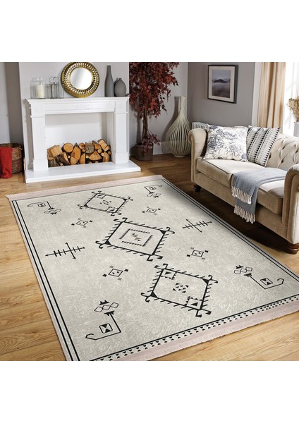 Bej Zeminde Bohem Motifli Kilim Desenli Etnik Motifler Dijital Baskılı Makinede Yıkanabilir Kaymaz Taban Saçaklı Halı