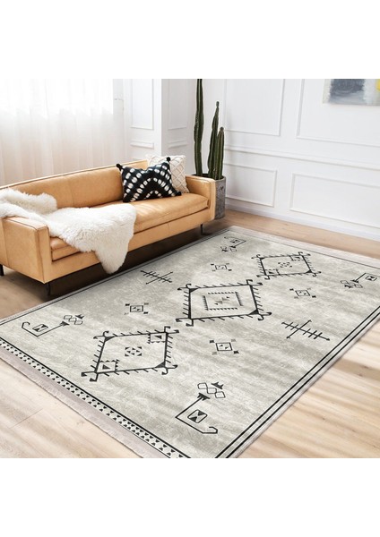 Bej Zeminde Bohem Motifli Kilim Desenli Etnik Motifler Dijital Baskılı Makinede Yıkanabilir Kaymaz Taban Saçaklı Halı modelleri