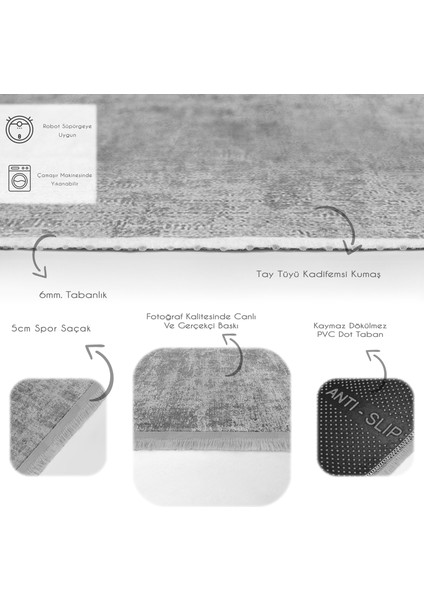 Gri Zeminde Dokuma Motifli Eskitme Desenli Eskitme Motifli Baskılı Makinede Yıkanabilir Kaymaz Taban Saçaklı Halı