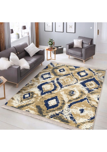 Lacivert - Bej Zeminde Ikat Motifli Vintage Desenli Geometrik Eskitme Motifli Dijital Baskılı Makinede Yıkanabilir Kaymaz Taban Saçaklı Halı