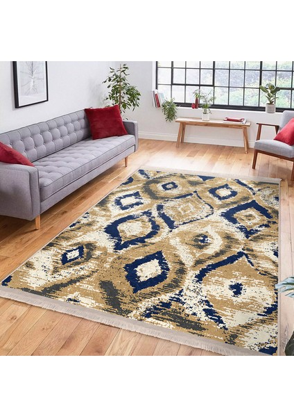 Lacivert - Bej Zeminde Ikat Motifli Vintage Desenli Geometrik Eskitme Motifli Dijital Baskılı Makinede Yıkanabilir Kaymaz Taban Saçaklı Halı fiyatları