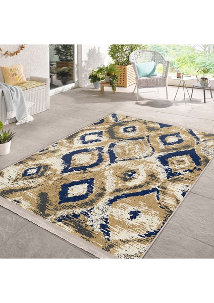 Lacivert - Bej Zeminde Ikat Motifli Vintage Desenli Geometrik Eskitme Motifli Dijital Baskılı Makinede Yıkanabilir Kaymaz Taban Saçaklı Halı modelleri