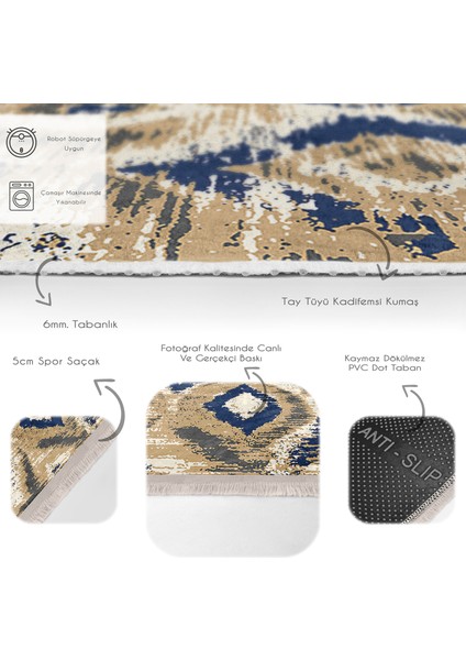 Lacivert - Bej Zeminde Ikat Motifli Vintage Desenli Geometrik Eskitme Motifli Dijital Baskılı Makinede Yıkanabilir Kaymaz Taban Saçaklı Halı fırsatları