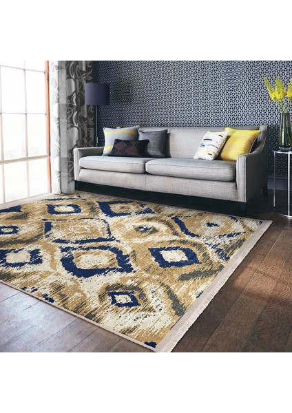 Lacivert - Bej Zeminde Ikat Motifli Vintage Desenli Geometrik Eskitme Motifli Dijital Baskılı Makinede Yıkanabilir Kaymaz Taban Saçaklı Halı indirimleri