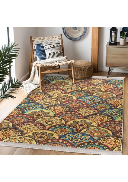 Hardal Zeminde Etnik Motifli Kilim Desenli Vintage Geometrik Dijital Baskılı Makinede Yıkanabilir Kaymaz Taban Saçaklı Halı