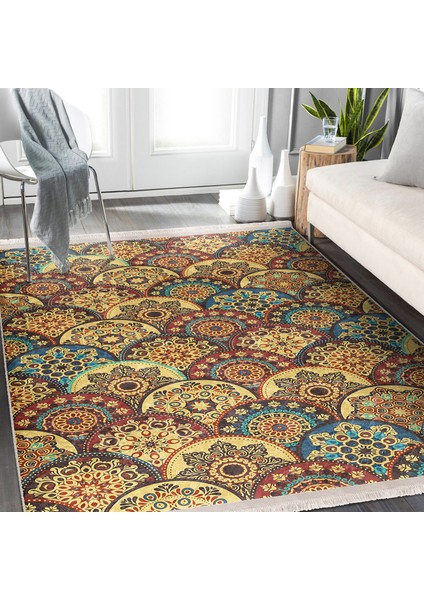 Hardal Zeminde Etnik Motifli Kilim Desenli Vintage Geometrik Dijital Baskılı Makinede Yıkanabilir Kaymaz Taban Saçaklı Halı fiyatları