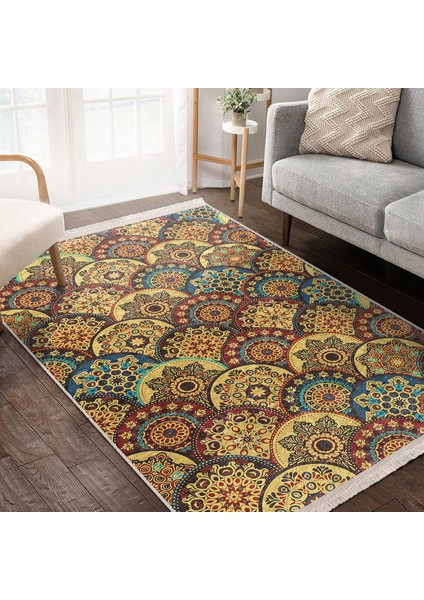 Hardal Zeminde Etnik Motifli Kilim Desenli Vintage Geometrik Dijital Baskılı Makinede Yıkanabilir Kaymaz Taban Saçaklı Halı indirimleri
