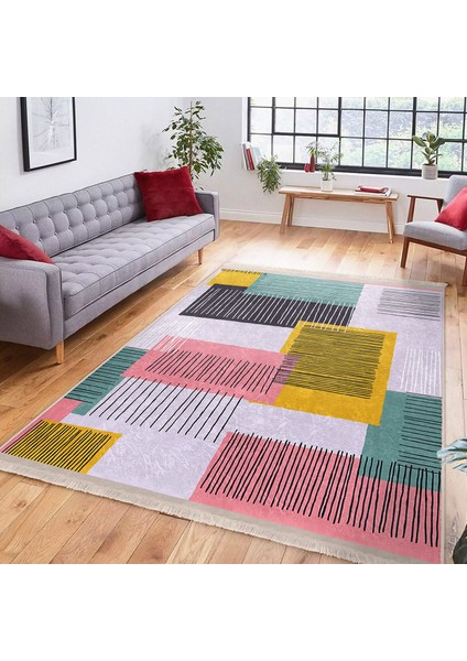 Pembe - Sarı Zeminde Geometrik Motifli Çizgili Desenli Geometrik Klasik Çocuk & Genç Odası Banyo Dijital Baskılı Makinede Yıkanabilir Kaymaz Taban Saçaklı Halı modelleri