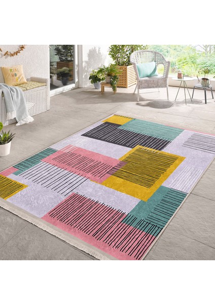 Pembe - Sarı Zeminde Geometrik Motifli Çizgili Desenli Geometrik Klasik Çocuk & Genç Odası Banyo Dijital Baskılı Makinede Yıkanabilir Kaymaz Taban Saçaklı Halı indirimleri