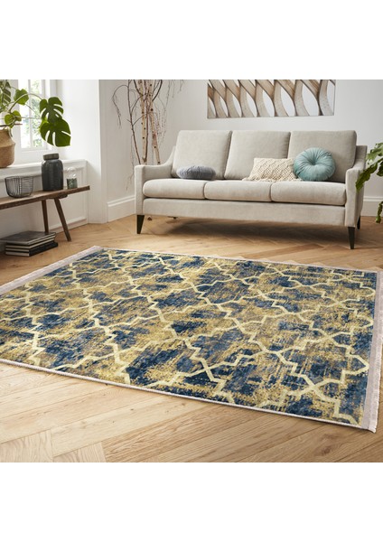 Sarı Zeminde Ogea Motifli Antik Desenli Vintage Geometrik Dijital Baskılı Makinede Yıkanabilir Kaymaz Taban Saçaklı Halı