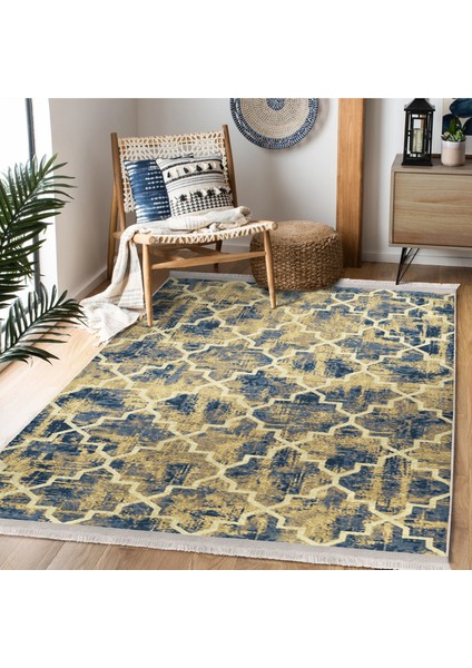 Sarı Zeminde Ogea Motifli Antik Desenli Vintage Geometrik Dijital Baskılı Makinede Yıkanabilir Kaymaz Taban Saçaklı Halı modelleri