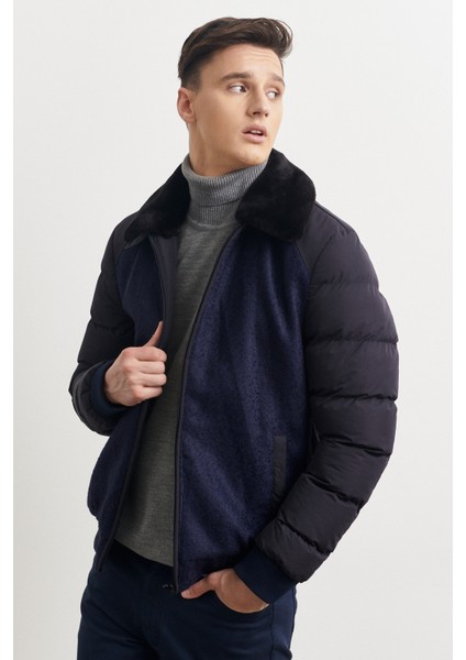 ALTINYILDIZ CLASSICS Erkek Lacivert Standart Fit Normal Kesim Kürklü Dik Yaka Mont modelleri