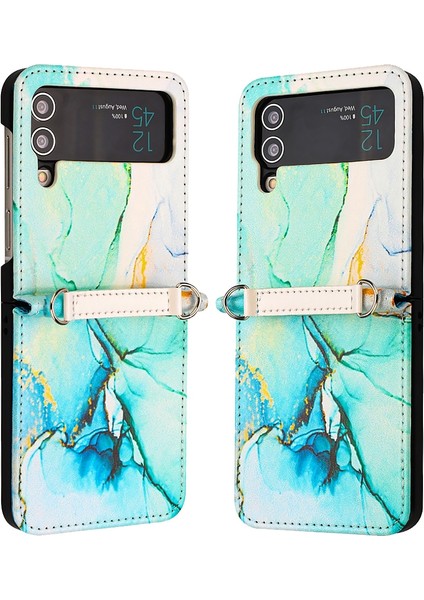 Samsung Galaxy Z Flip4 Mermer Desen Deri Telefon Kılıfı Yeşil LS003 (Yurt Dışından)